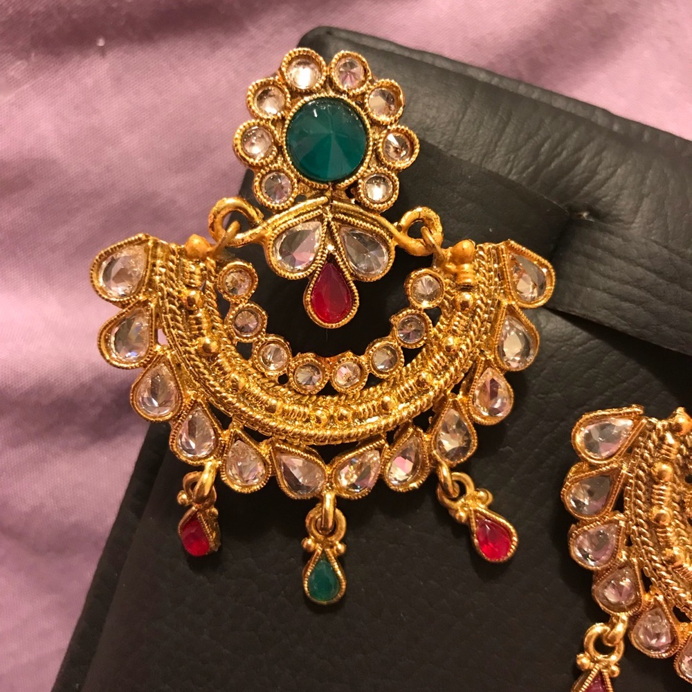 Indian Gold dangle earrings red green
